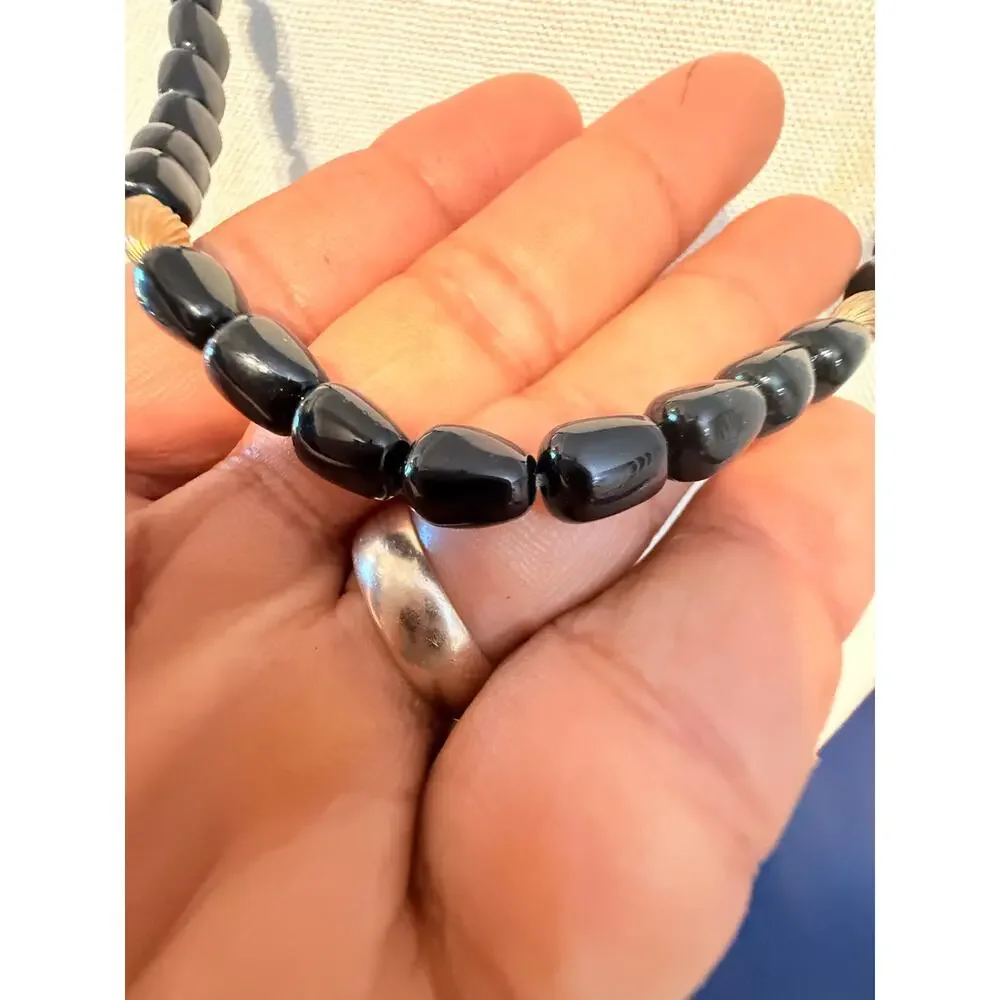 Vintage Black Bead Gold Tone Necklace 24”